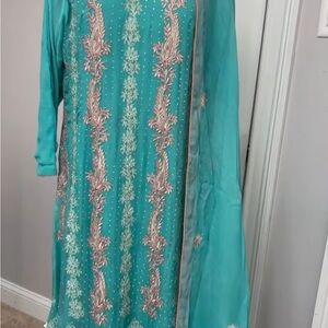 Elegant Teal Embroidered Dress